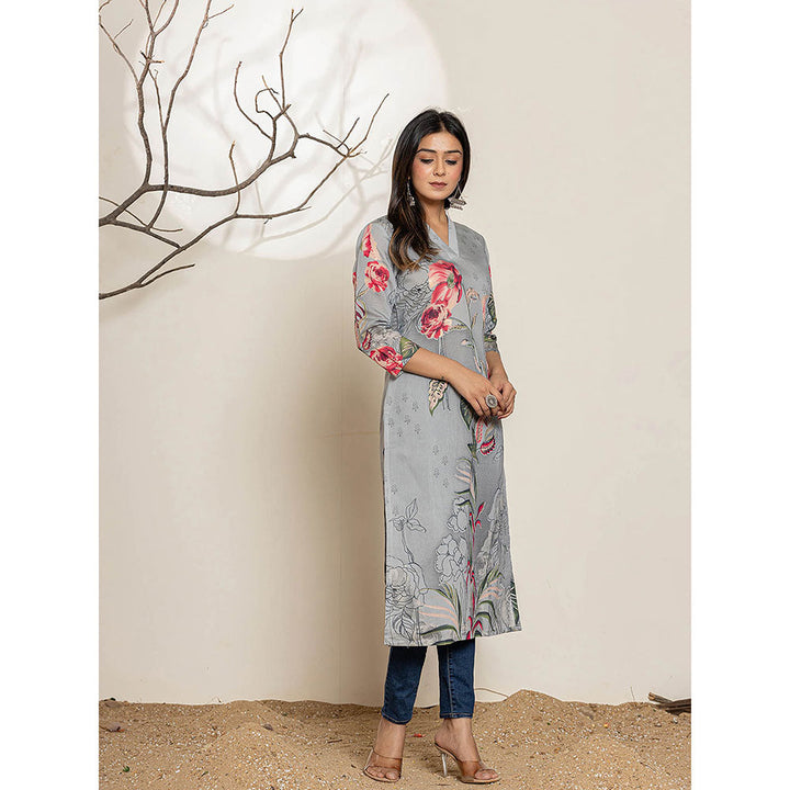 Yufta Grey Silk Blend Digital Floral Print Kurta