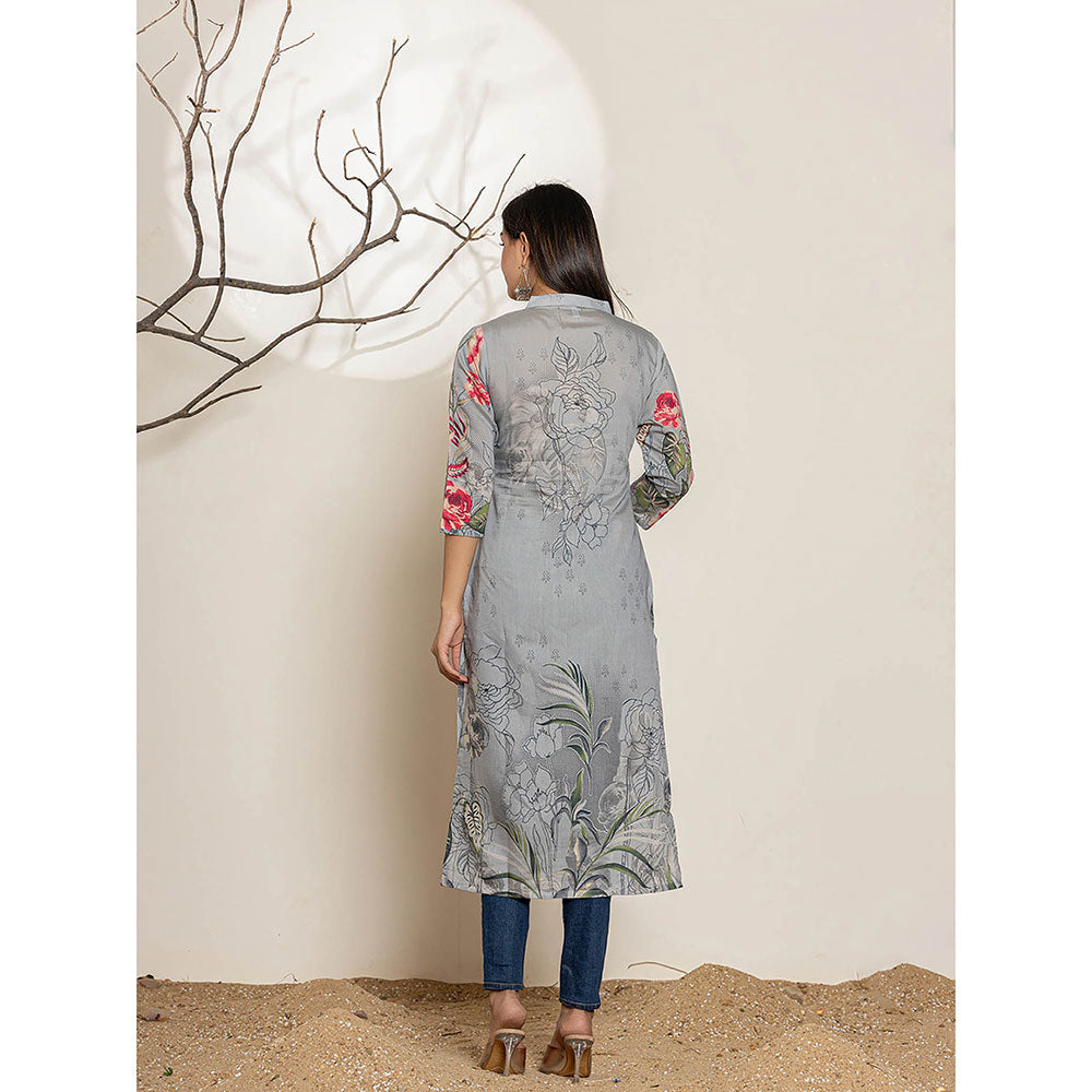 Yufta Grey Silk Blend Digital Floral Print Kurta