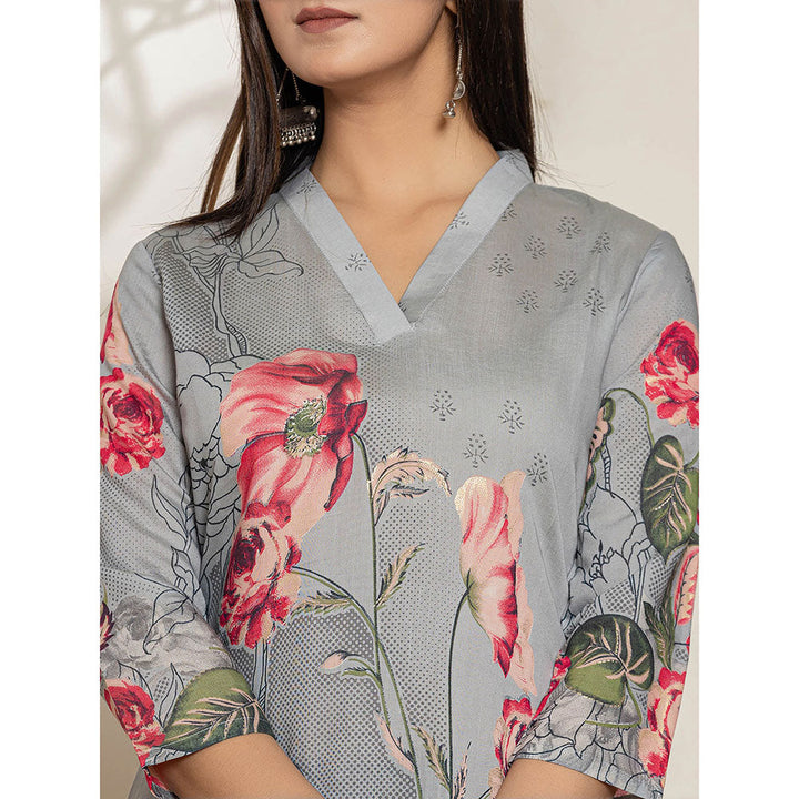 Yufta Grey Silk Blend Digital Floral Print Kurta