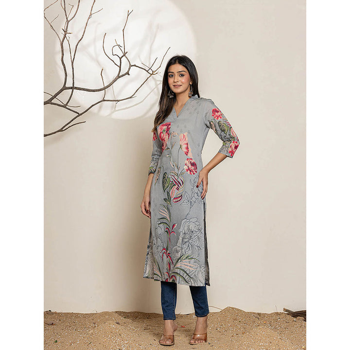 Yufta Grey Silk Blend Digital Floral Print Kurta