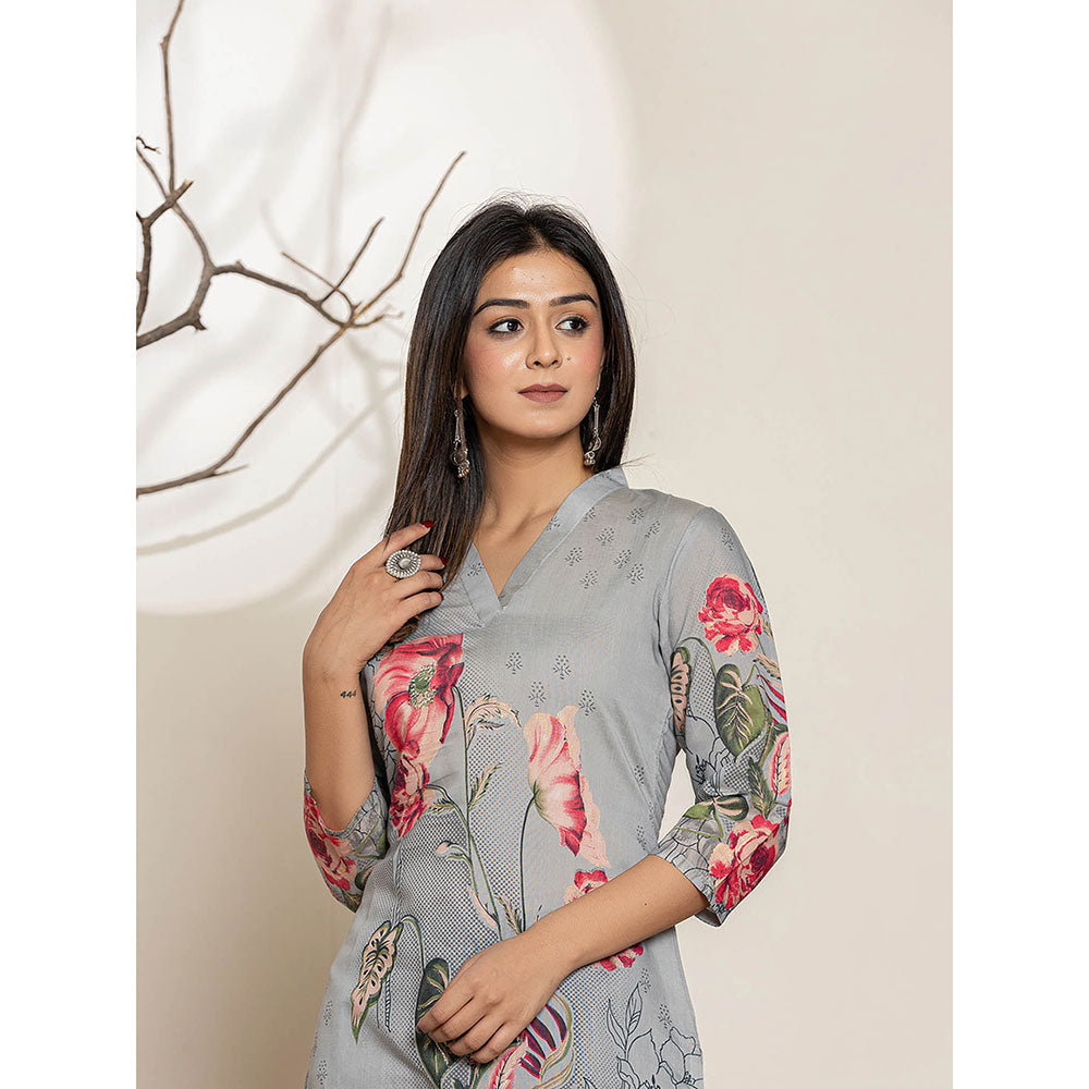 Yufta Grey Silk Blend Digital Floral Print Kurta