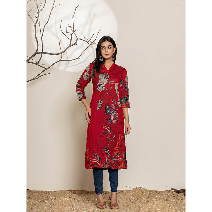 Yufta Maroon Silk Blend Digital Floral Print Kurta