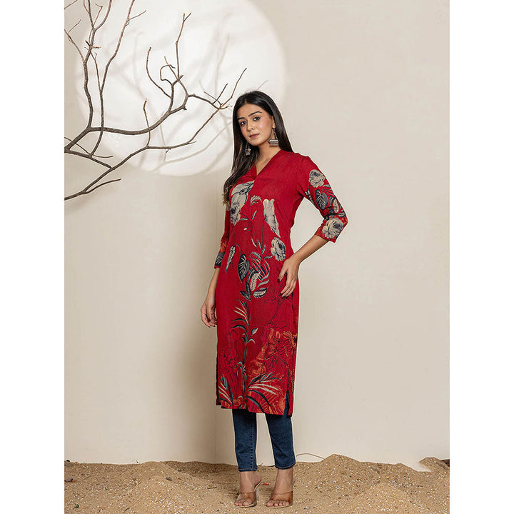 Yufta Maroon Silk Blend Digital Floral Print Kurta