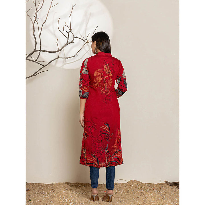 Yufta Maroon Silk Blend Digital Floral Print Kurta