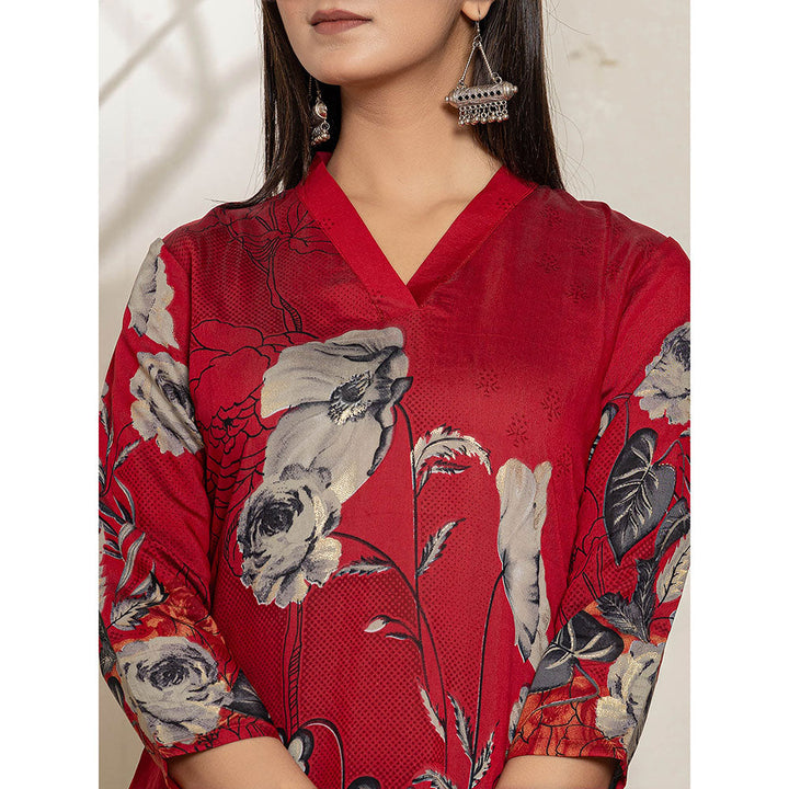 Yufta Maroon Silk Blend Digital Floral Print Kurta