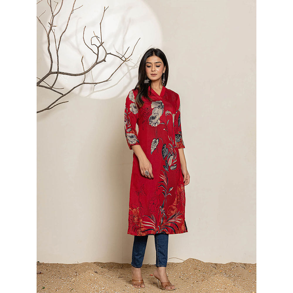 Yufta Maroon Silk Blend Digital Floral Print Kurta