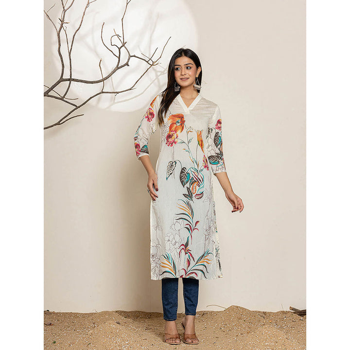 Yufta Off White Silk Blend Digital Floral Print Kurta