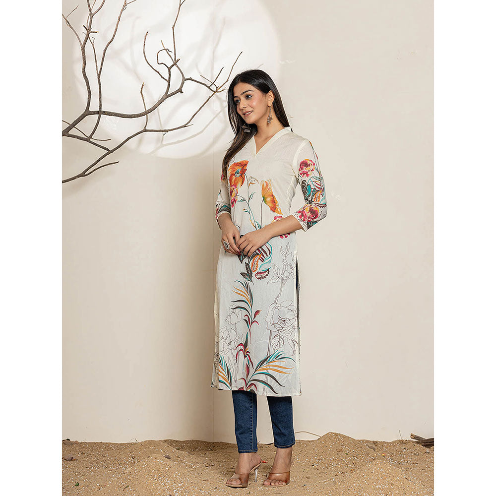 Yufta Off White Silk Blend Digital Floral Print Kurta