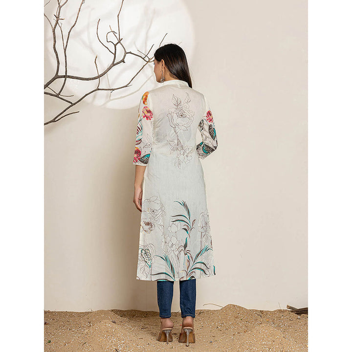 Yufta Off White Silk Blend Digital Floral Print Kurta