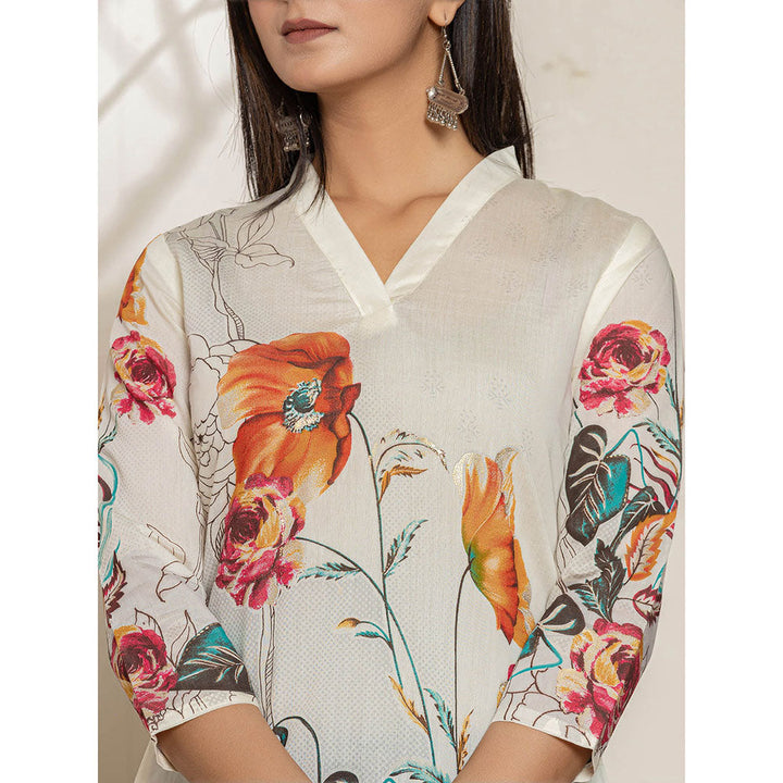 Yufta Off White Silk Blend Digital Floral Print Kurta