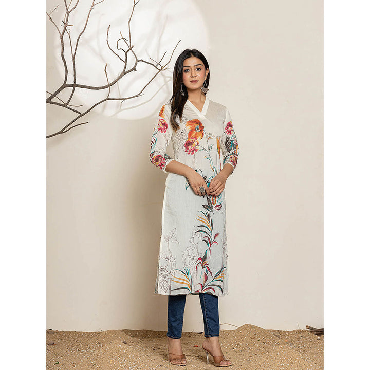 Yufta Off White Silk Blend Digital Floral Print Kurta