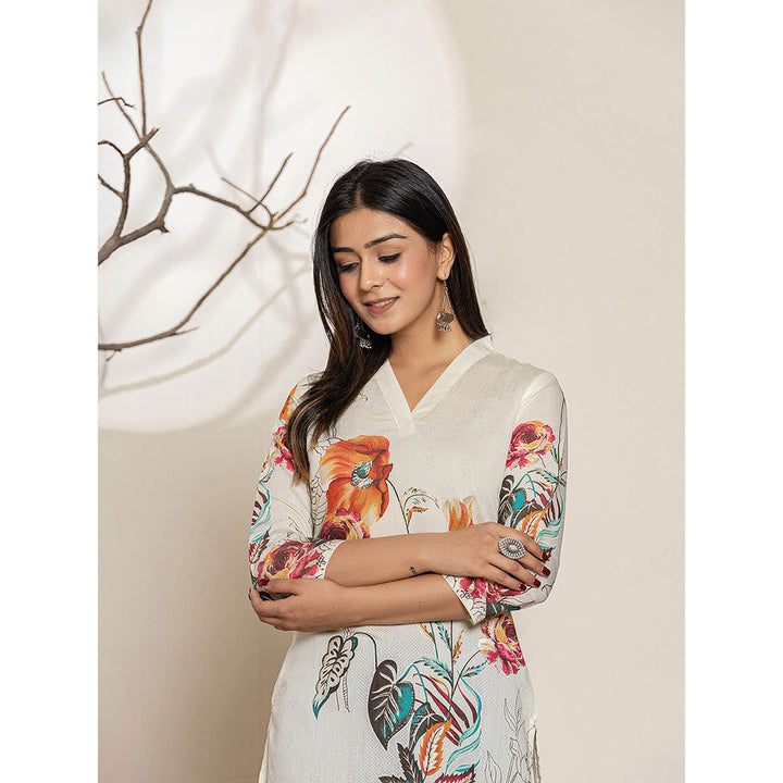 Yufta Off White Silk Blend Digital Floral Print Kurta