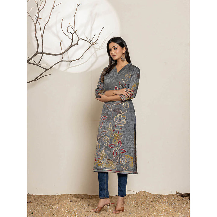 Yufta Grey Silk Blend Embellished Kurta