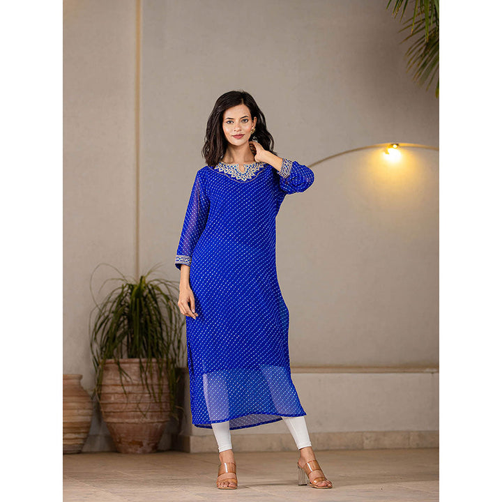 Yufta Blue Georgette Leheriya Kurta with Cotton Lining