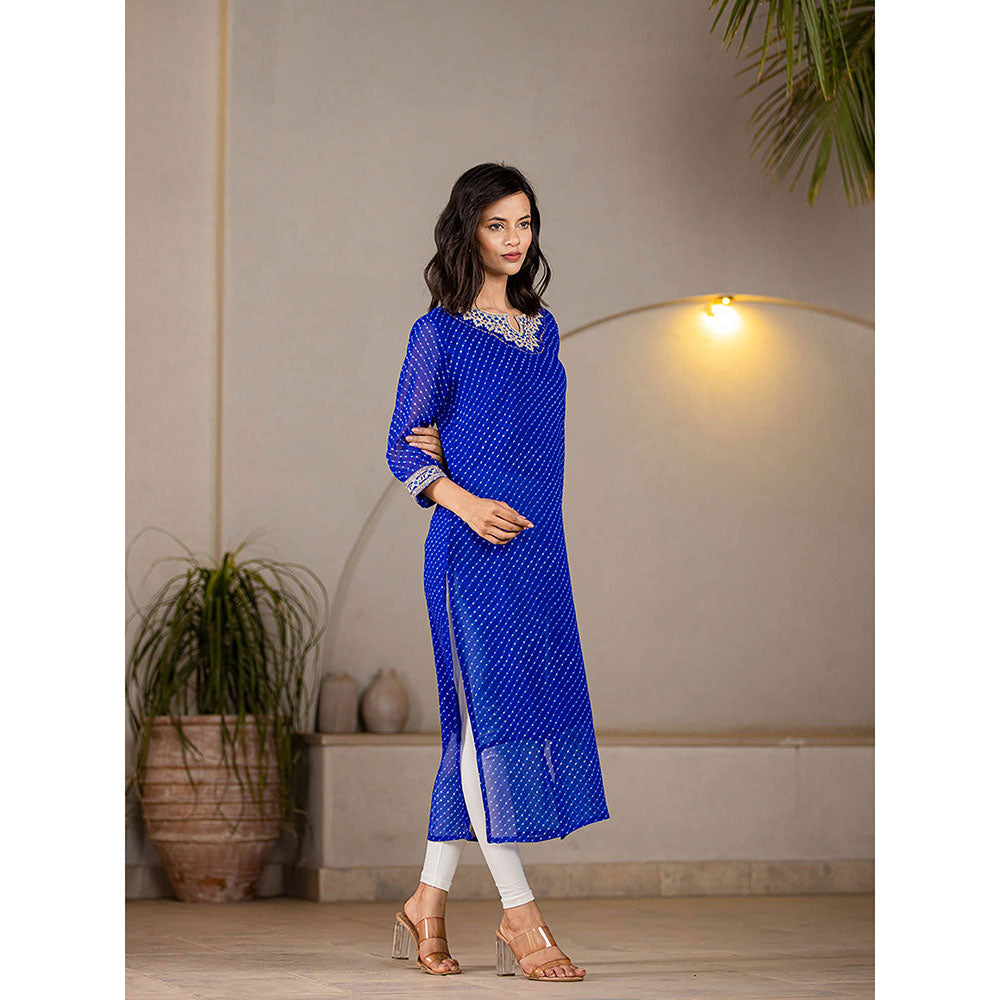 Yufta Blue Georgette Leheriya Kurta with Cotton Lining