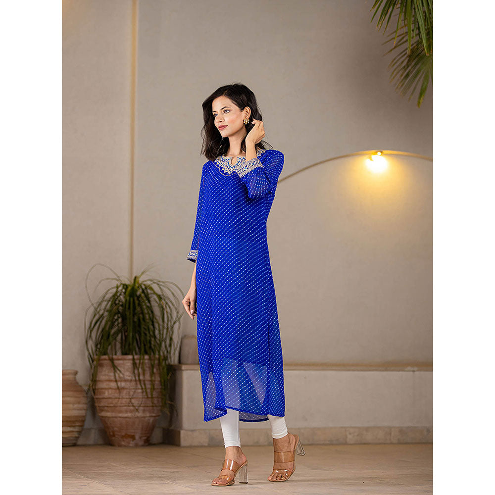 Yufta Blue Georgette Leheriya Kurta with Cotton Lining