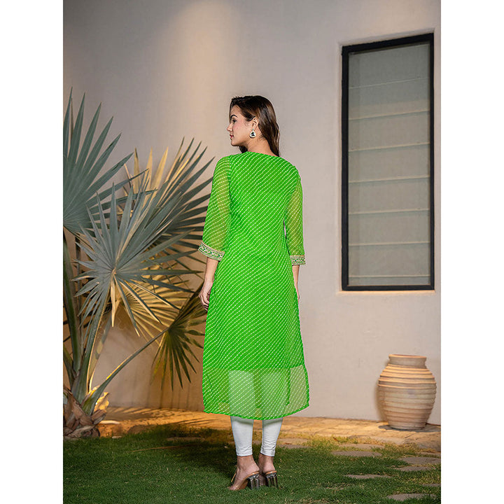 Yufta Dark Green Georgette Leheriya Kurta with Cotton Lining