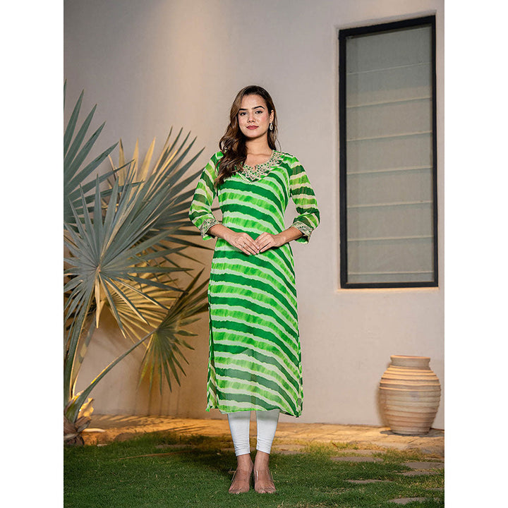 Yufta Green Georgette Leheriya Kurta with Cotton Lining and Embroidery