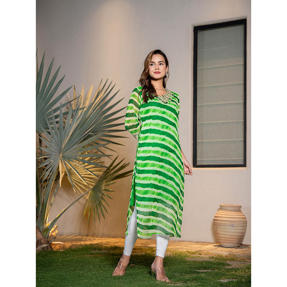 Yufta Green Georgette Leheriya Kurta with Cotton Lining and Embroidery