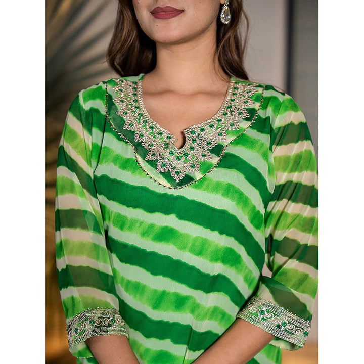 Yufta Green Georgette Leheriya Kurta with Cotton Lining and Embroidery