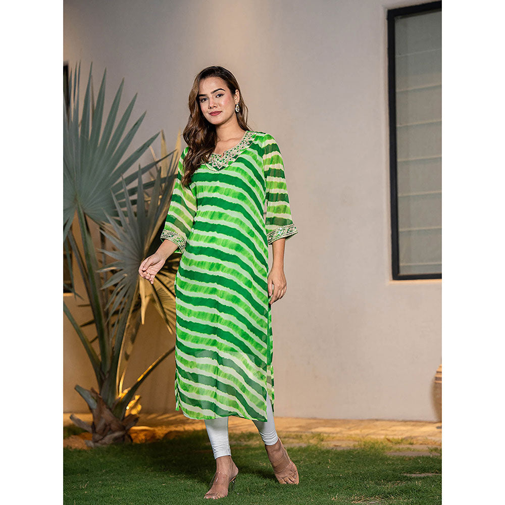 Yufta Green Georgette Leheriya Kurta with Cotton Lining and Embroidery