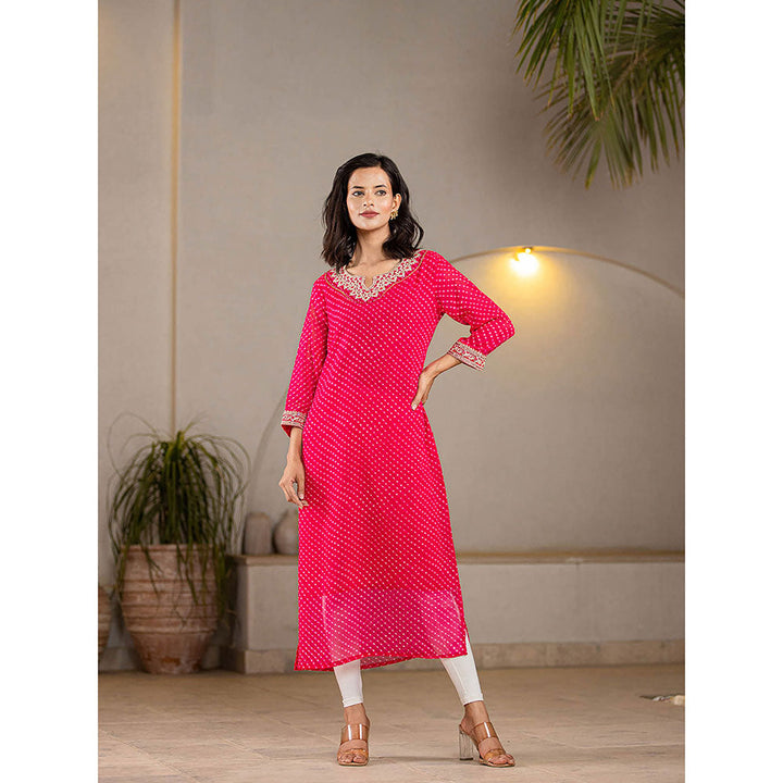 Yufta Hot Pink Georgette Leheriya Kurta with Cotton Lining and Embroidery