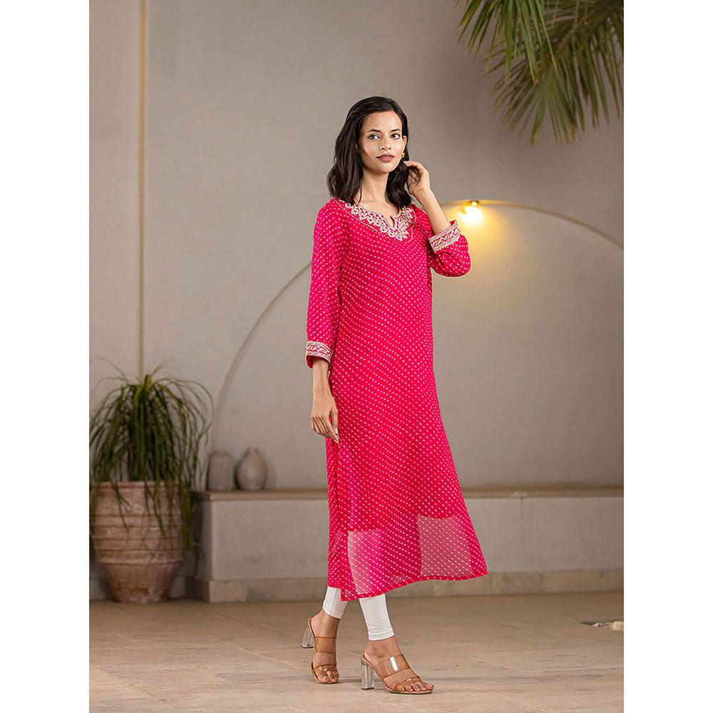 Yufta Hot Pink Georgette Leheriya Kurta with Cotton Lining and Embroidery