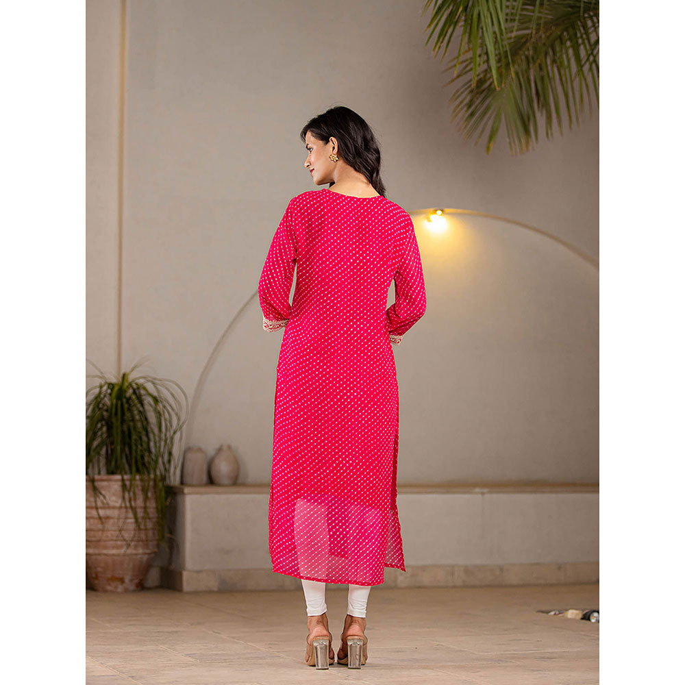 Yufta Hot Pink Georgette Leheriya Kurta with Cotton Lining and Embroidery