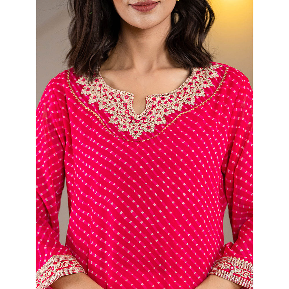 Yufta Hot Pink Georgette Leheriya Kurta with Cotton Lining and Embroidery