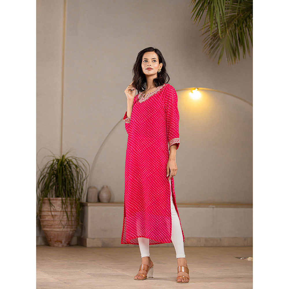 Yufta Hot Pink Georgette Leheriya Kurta with Cotton Lining and Embroidery