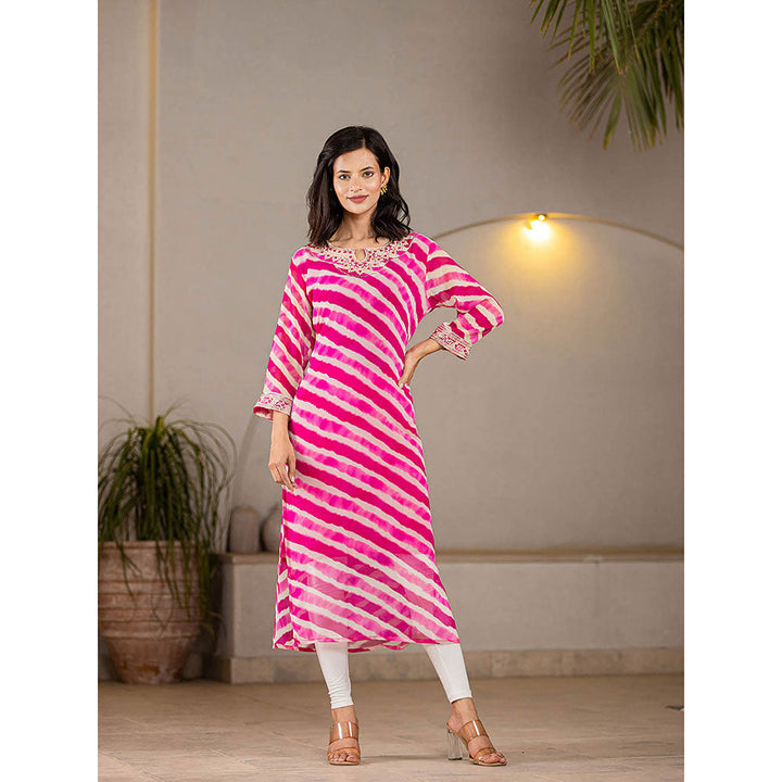 Yufta Pink Georgette Leheriya Kurta with Cotton Lining