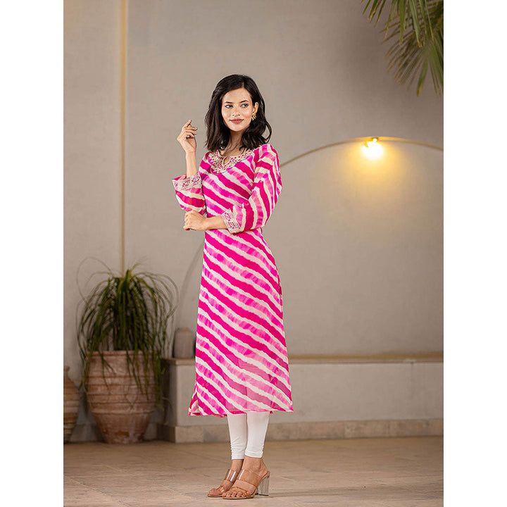 Yufta Pink Georgette Leheriya Kurta with Cotton Lining