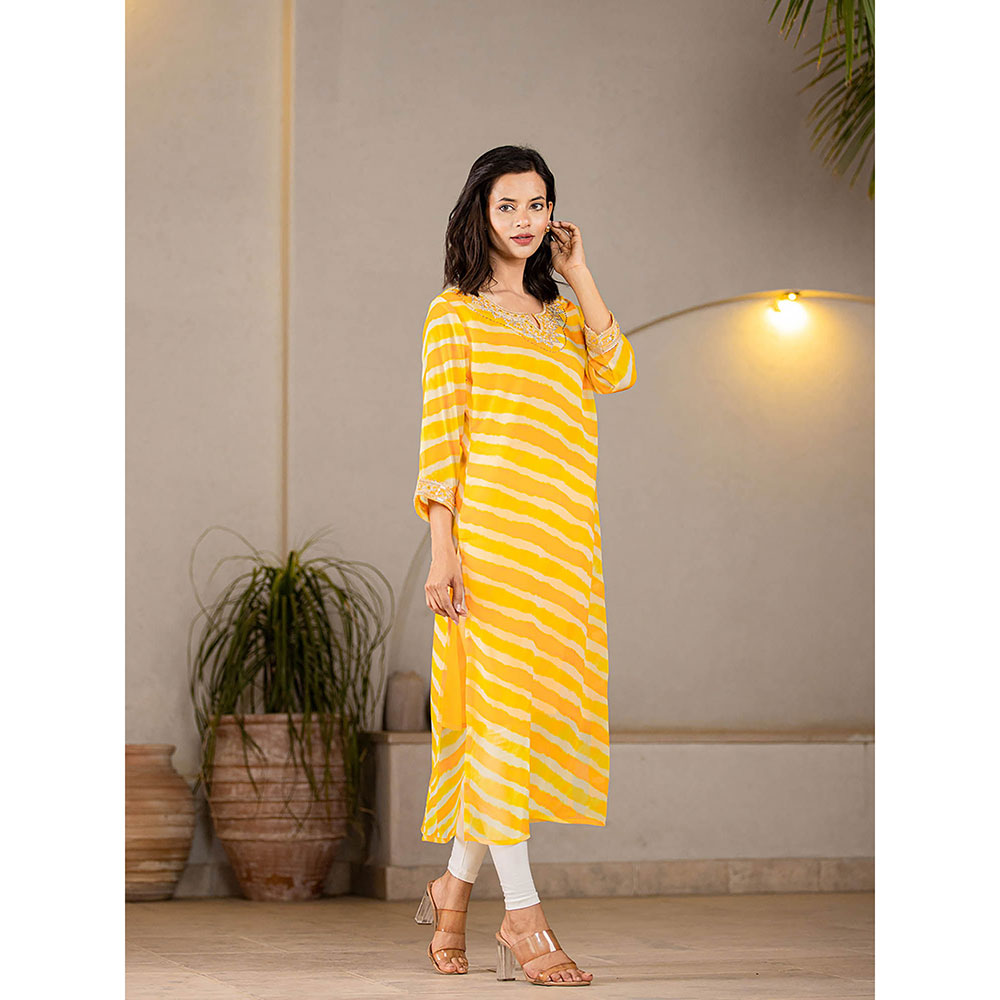 Yufta Yellow Georgette Leheriya Kurta with Cotton Lining and Embroidery