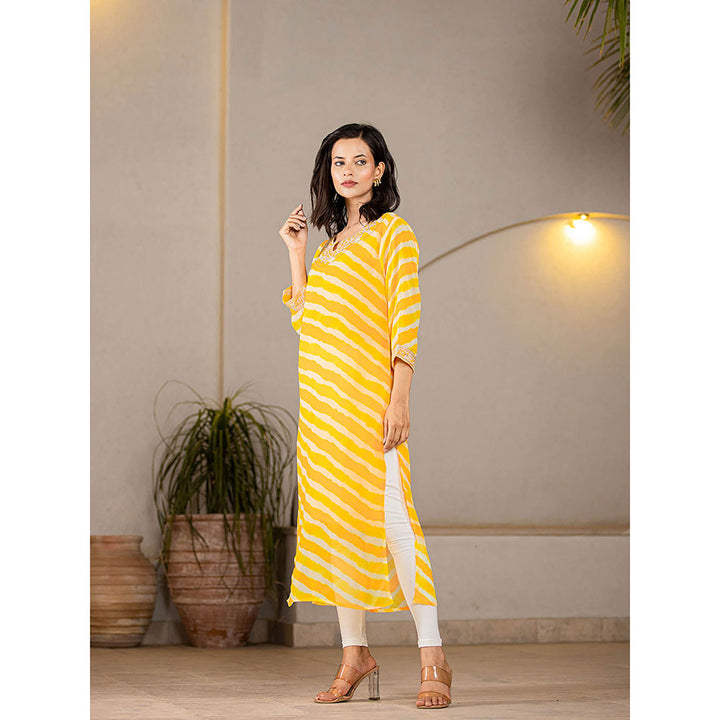 Yufta Yellow Georgette Leheriya Kurta with Cotton Lining and Embroidery