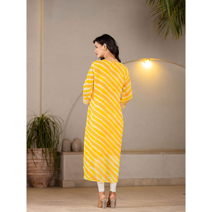 Yufta Yellow Georgette Leheriya Kurta with Cotton Lining and Embroidery