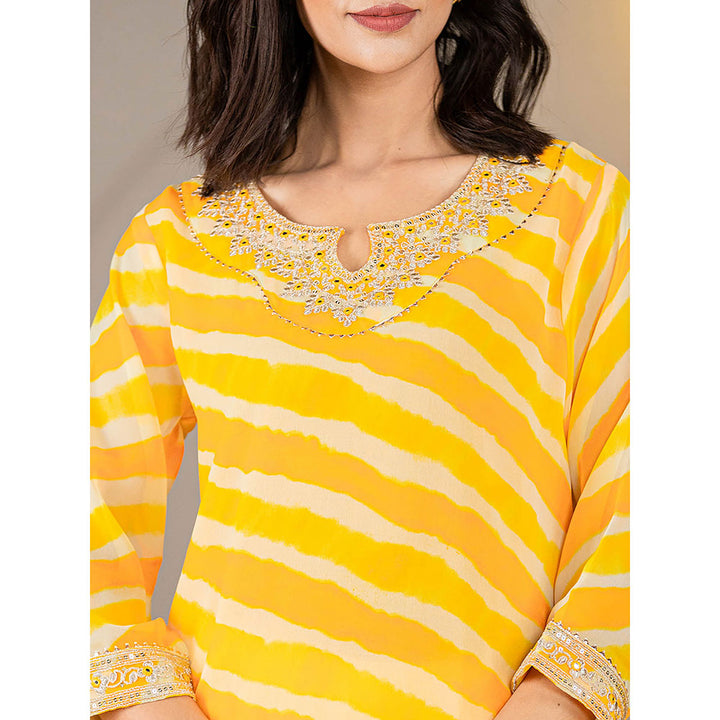 Yufta Yellow Georgette Leheriya Kurta with Cotton Lining and Embroidery