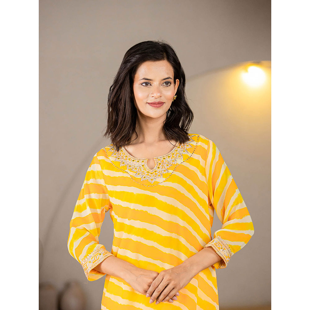 Yufta Yellow Georgette Leheriya Kurta with Cotton Lining and Embroidery