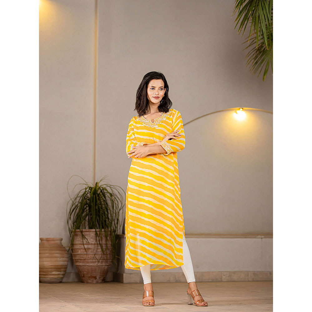 Yufta Yellow Georgette Leheriya Kurta with Cotton Lining and Embroidery