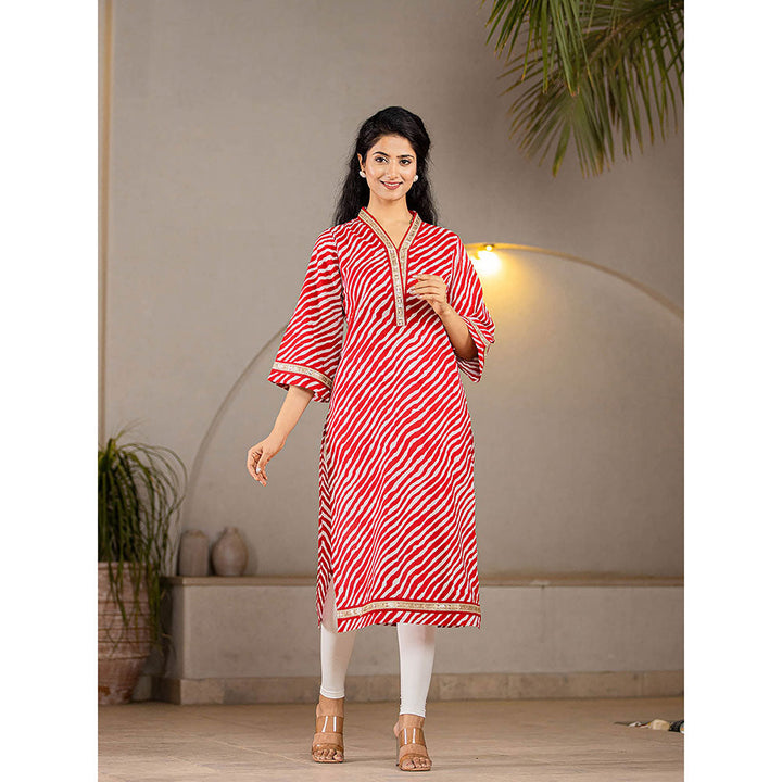 Yufta Cotton Red Leheriya Kurta