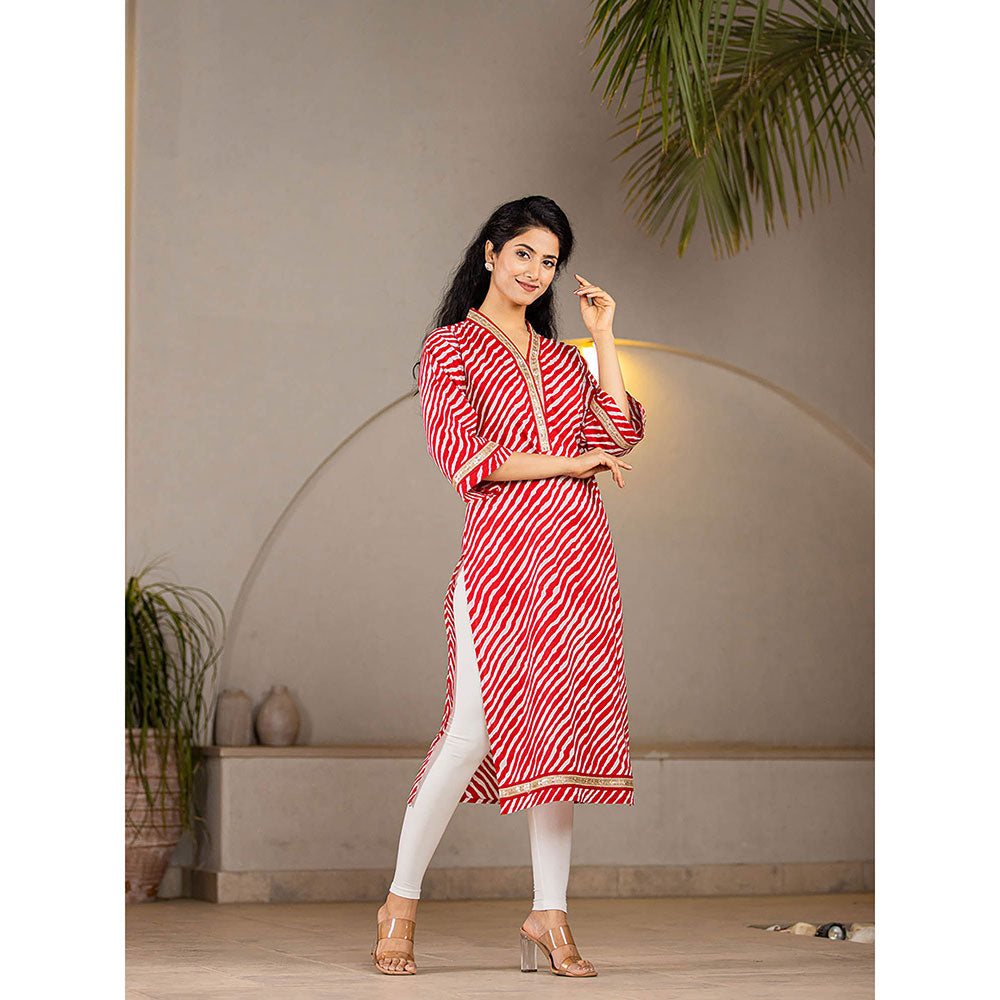 Yufta Cotton Red Leheriya Kurta