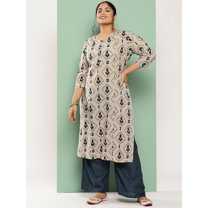 Yufta Beige Printed Pure Cotton Plus Size Kurta