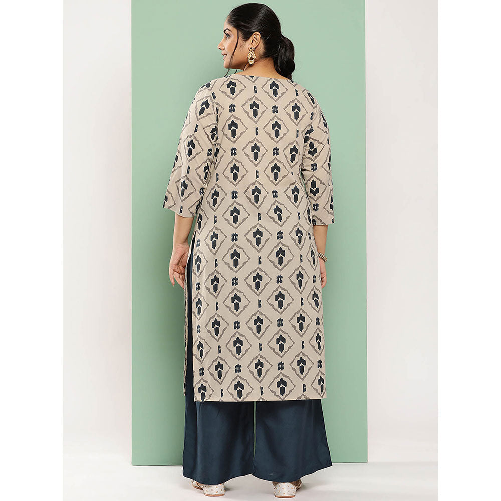 Yufta Beige Printed Pure Cotton Plus Size Kurta