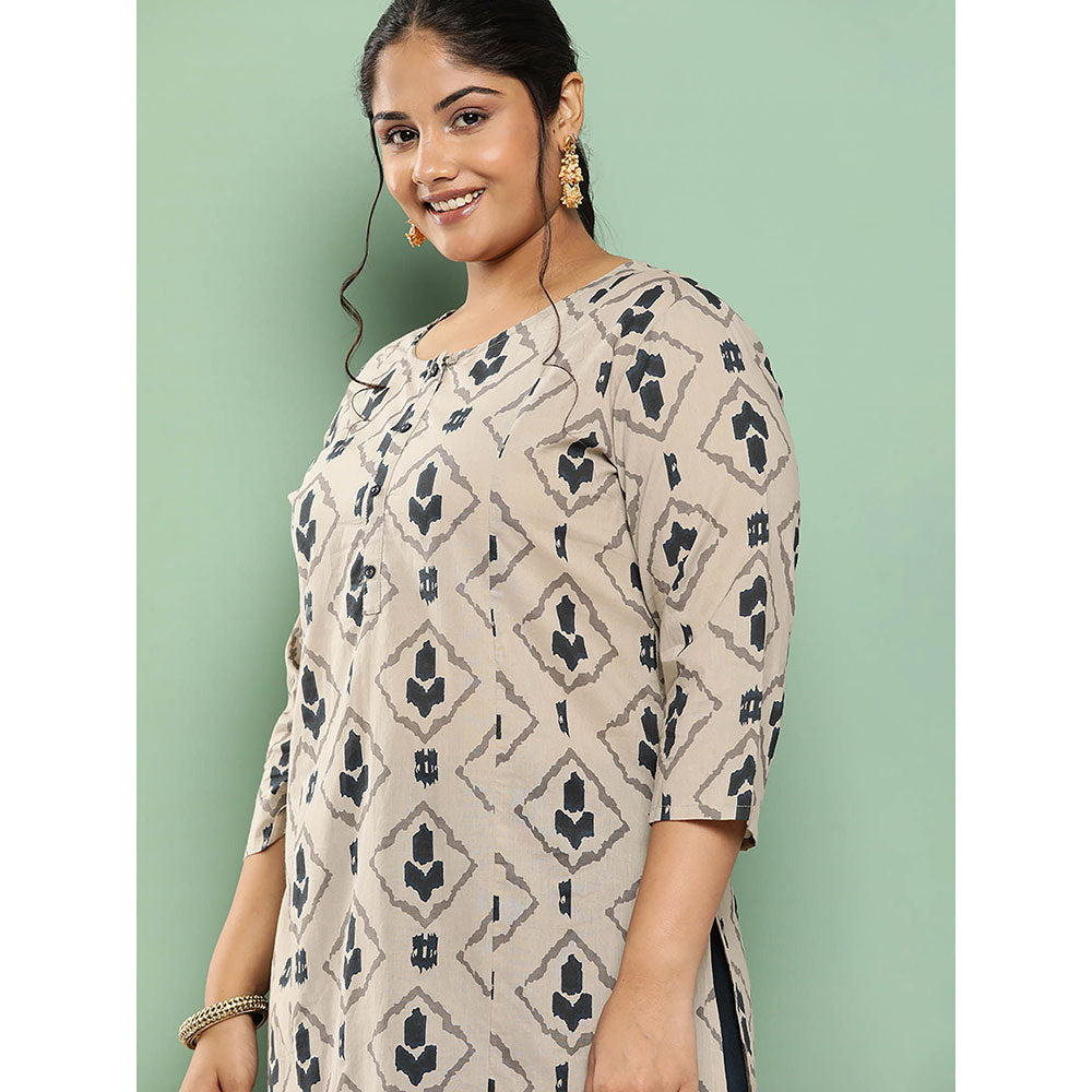 Yufta Beige Printed Pure Cotton Plus Size Kurta