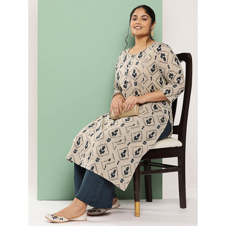 Yufta Beige Printed Pure Cotton Plus Size Kurta