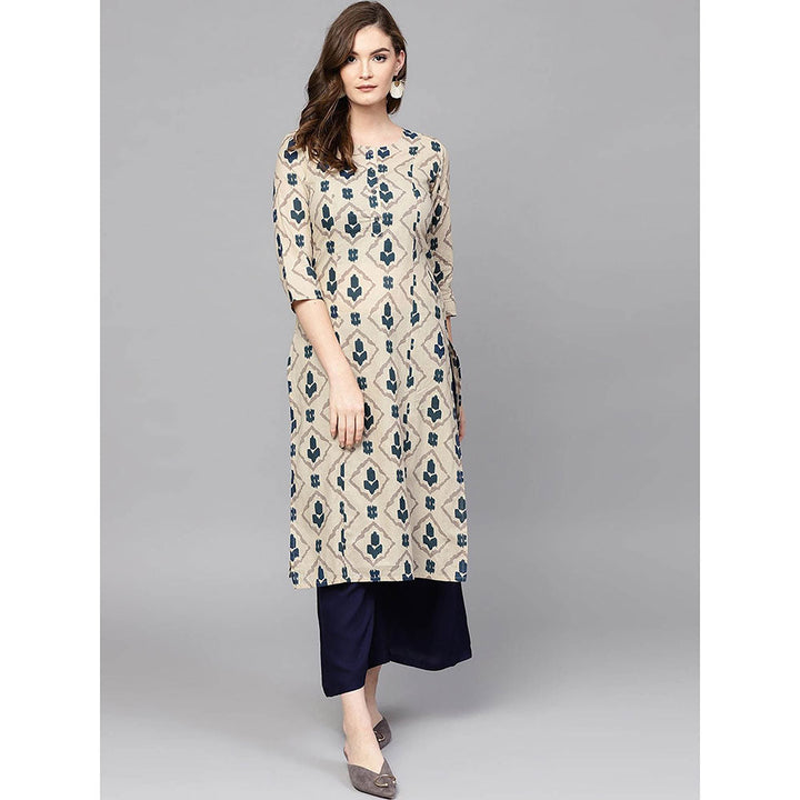 Yufta Beige Printed Pure Cotton Kurta