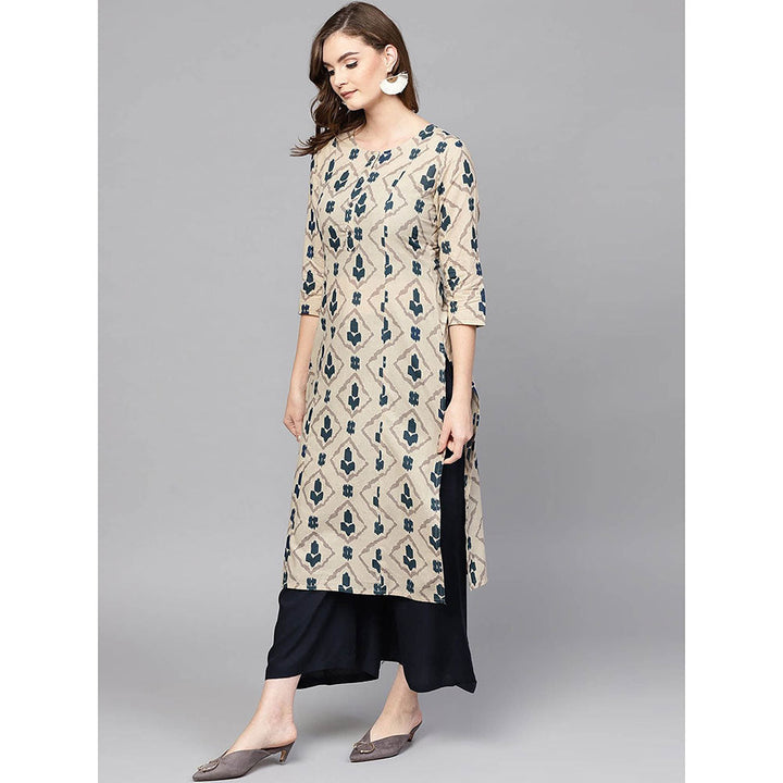 Yufta Beige Printed Pure Cotton Kurta