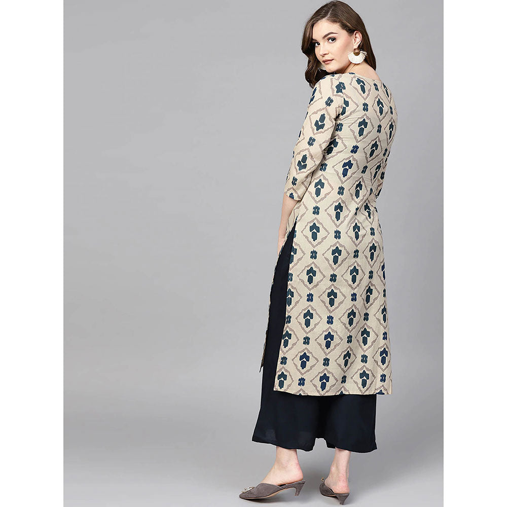 Yufta Beige Printed Pure Cotton Kurta