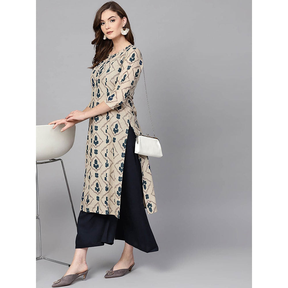 Yufta Beige Printed Pure Cotton Kurta