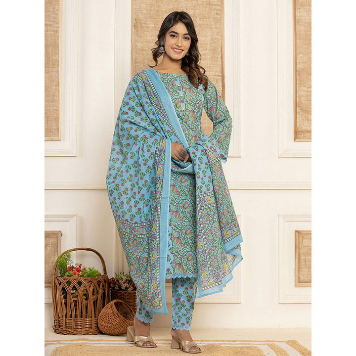 Yufta Sky Blue Leaf Print Cotton Kurta & Pant With Dupatta (Set of 3)