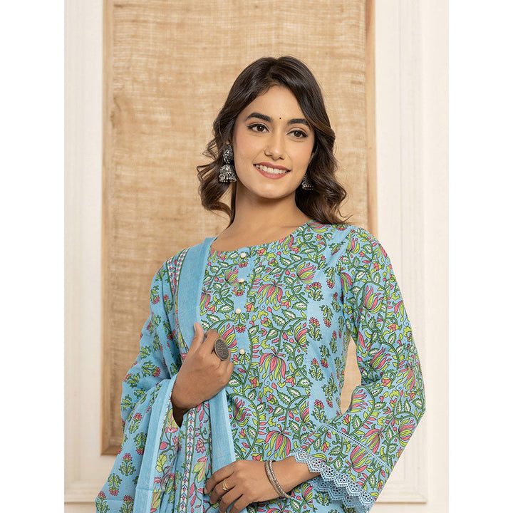 Yufta Sky Blue Leaf Print Cotton Kurta & Pant With Dupatta (Set of 3)